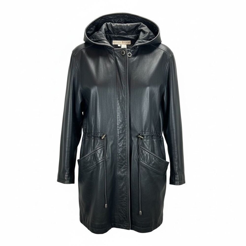 Preswick & Moore Vintage Black Hooded Leather Parka Jacket Cinch Waist Large
